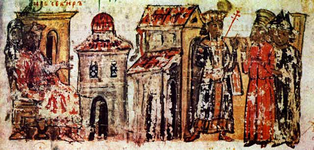 old painting of roman court and king.