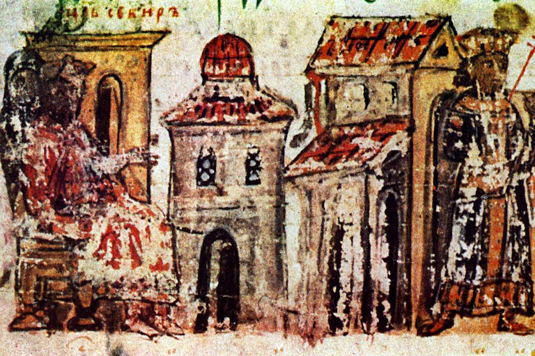 old painting of roman court and king.