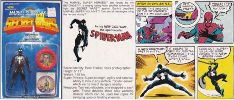 La figurine de Spider-Man dans son costume noir (Mattel, 1984). Au dos de l’emballage, un rappel du moment clé du comics.Figure Realm/Bronze Age babies