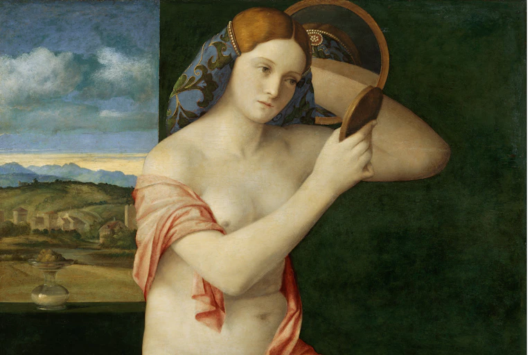 A Renaissance painting of a naked woman looking in a mirror
