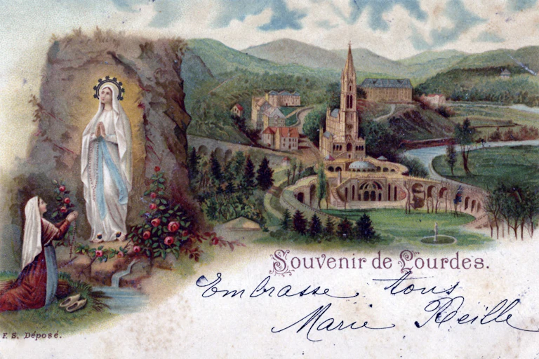 A vintage postcard shows the Catholic shrine at Lourdes, France.