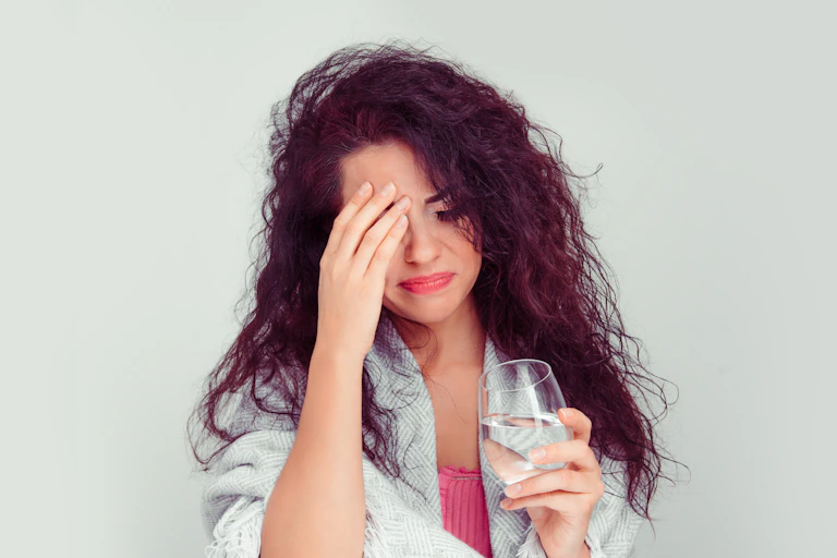 A woman with a hangover holds her head and a glass of water in her other hand.