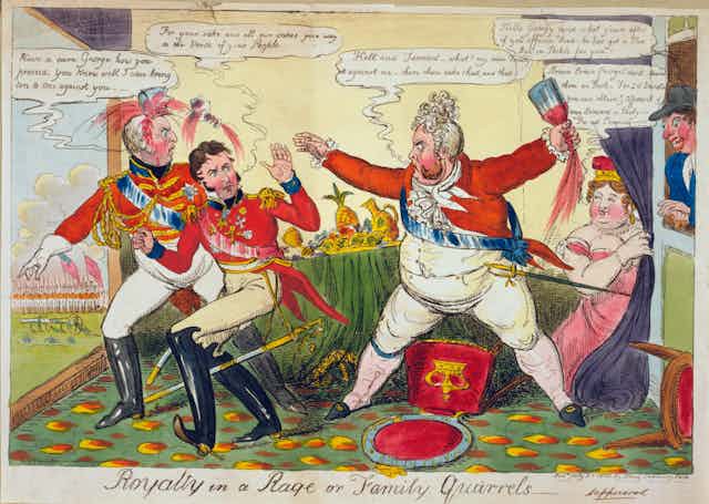 A cartoons showing George IV was a bottle of wine in his hand.