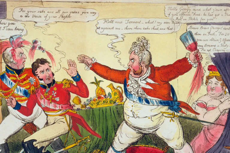 A cartoons showing George IV was a bottle of wine in his hand.