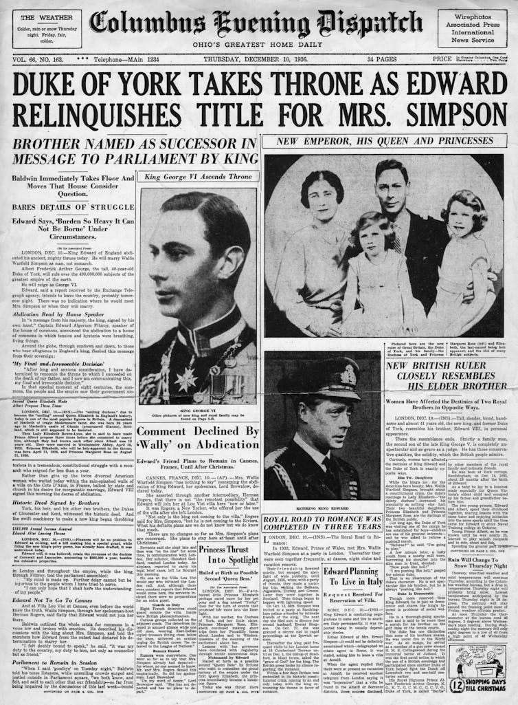 A newspaper covering the abdication of Edward VIII.