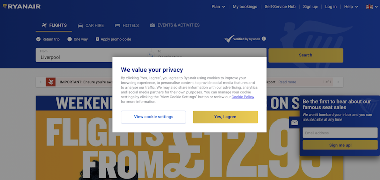 Screenshot of Ryanair cookie request window