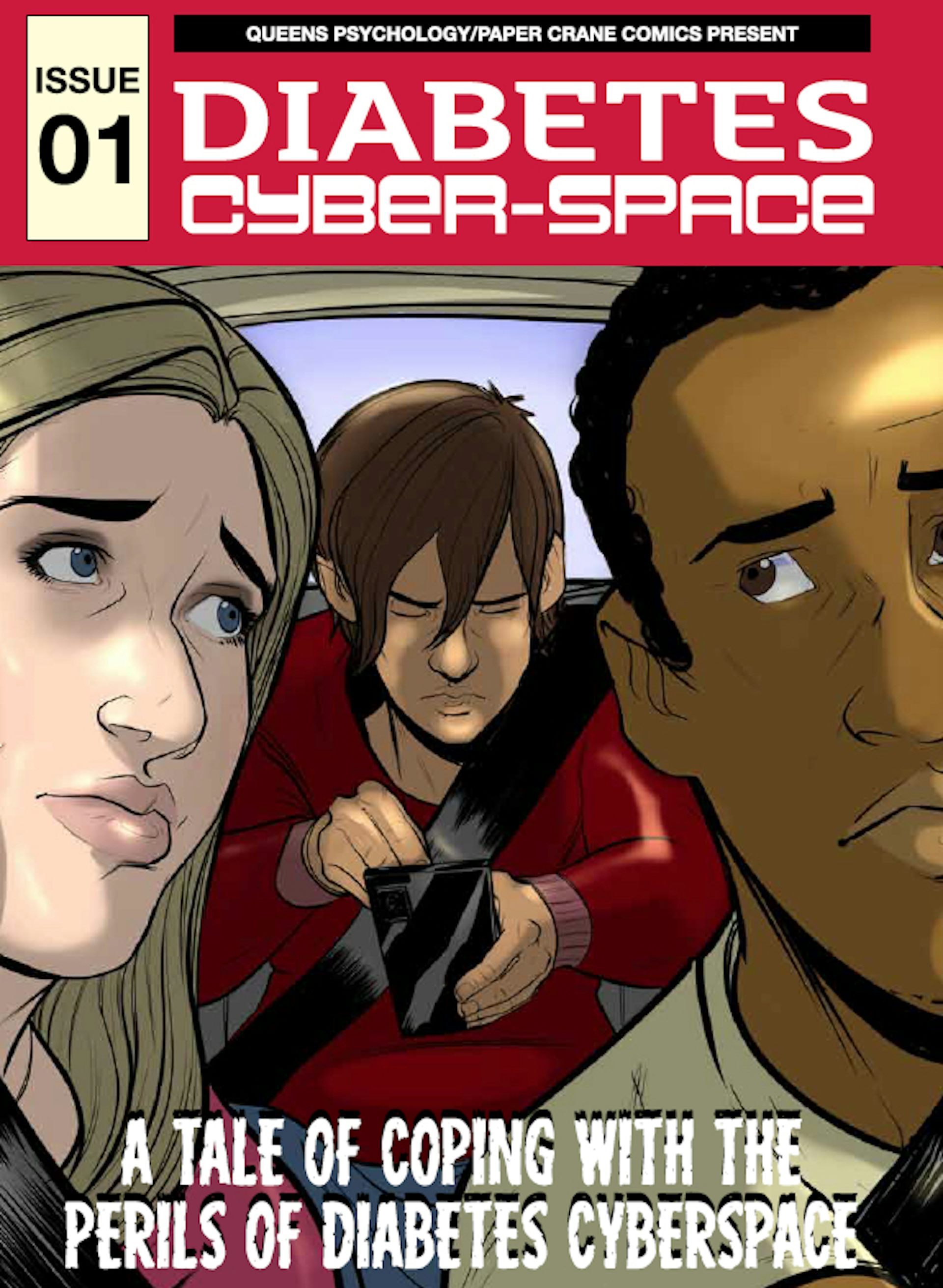 The cover page of the first issue of the 'Diabetes Cyberspace' comic. The illustration depicts three people in a car, including a young person on a smartphone.