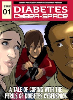 The cover page of the first issue of the 'Diabetes Cyberspace' comic. The illustration depicts three people in a car, including a young person on a smartphone.