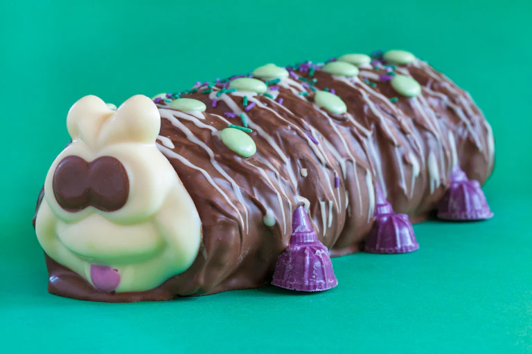 A chocolate roll cake with a smiley face and colourful sprinkles seen from the side.