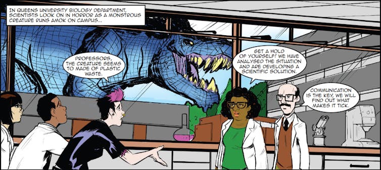 A scene from the comic 'Plastic Nightmare'. It depicts a dinosaur looking in through the window of a science lab.