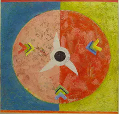 An abstract painting featuring a circle with African designs in it.