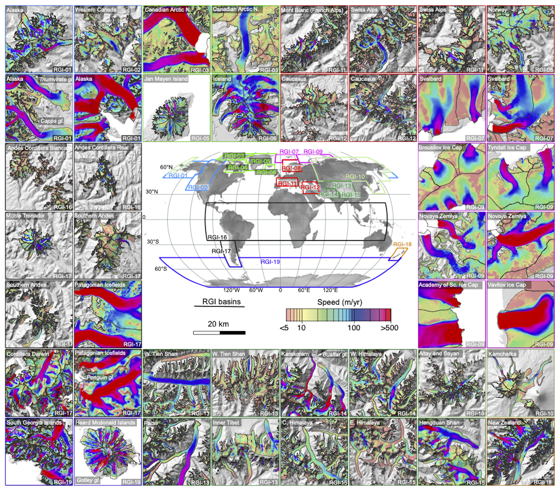 As imagens mostram a velocidade do gelo das geleiras em regiões ao redor do mundo