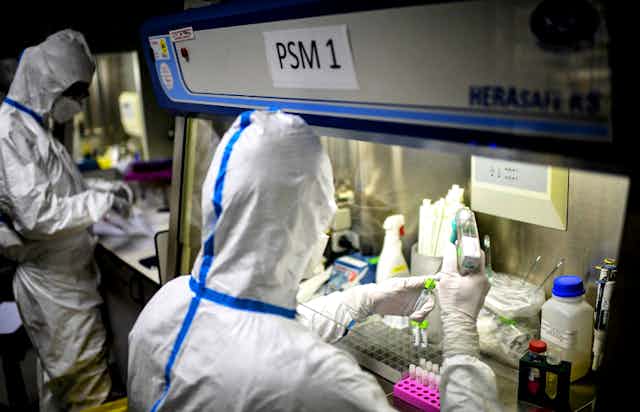 Techniciens de laboratoire en tenue de protection travaillant sur des prélèvements viraux dans un environnement sécurisé