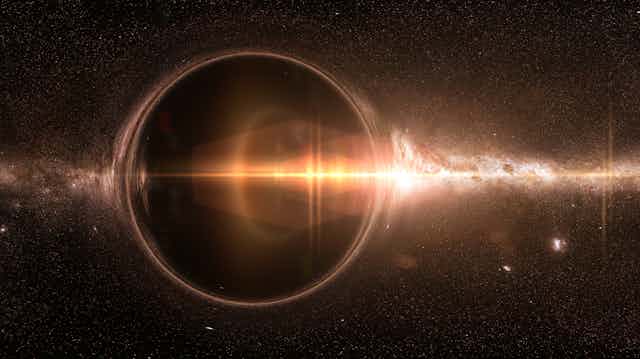 Concept of a black hole acting as a lens on background light.