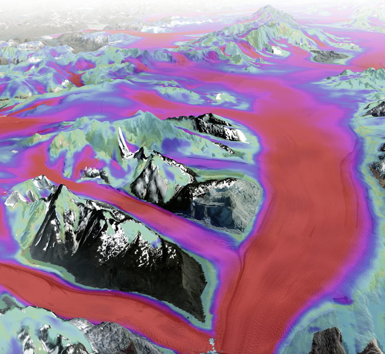 Écoulement du glacier Upsala, un des glaciers les plus grands du champ de glace Sud de Patagonie. Les couleurs rouges indiquent une vitesse d’écoulement de plus de 1,5 km par an. Author provided