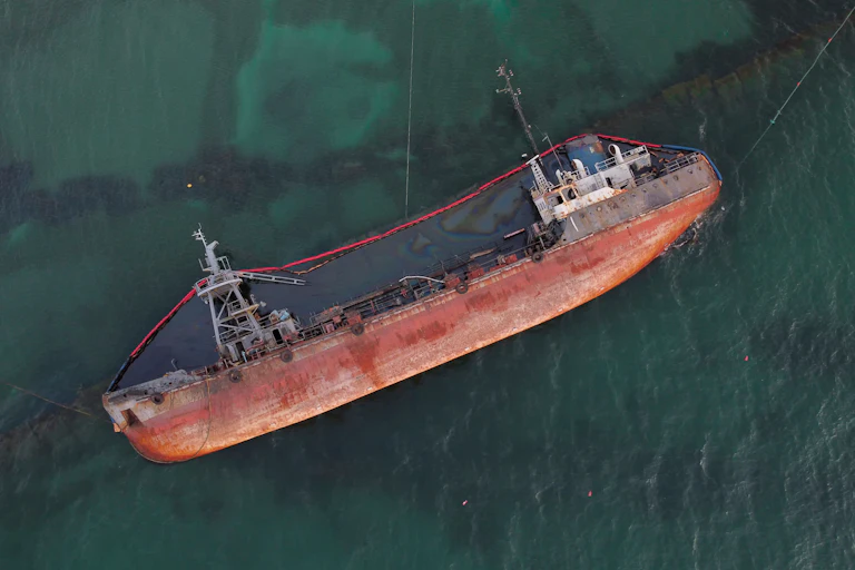 A grounded ship rests on its side and leaks oil into the ocean.