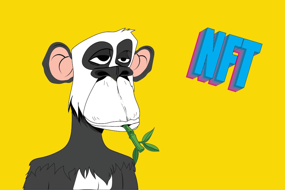 A Bored Ape NFT dressed as a panda with the word 'NFT' floating next to it.