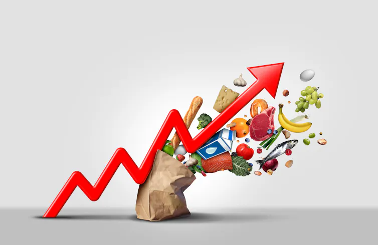 Red arrow graphic heading upwards through a paper bag of groceries.
