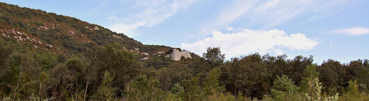 Paisaje boscoso en el que una roca se proyecta contra el cielo azul