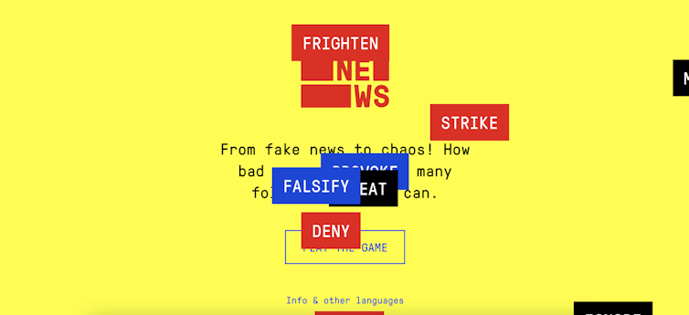 Screenshot of the landing page for getbadnews.com the image is bright yellow with words like 'bad news' 'strike' 'falsify' and 'deny' covering the page.