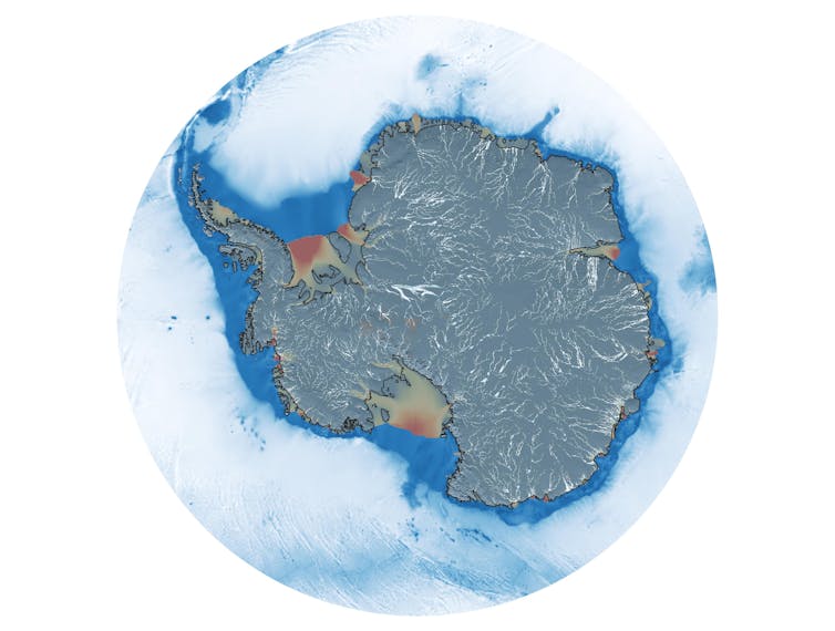 Map of Antarctica showing sub-glacial rivers, ice flow velocity, and ocean depth.