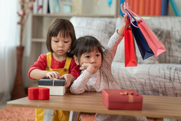 Dos niñas abriendo regalos.