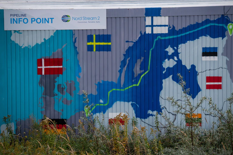 Map on the wall of the natural gas receiving station in the Lubmin industrial estate in Gernmany showing the route of Nord Stream II