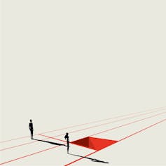 Illustration of two people standing at a starting line. One lane is clear while the other has a pitfall.