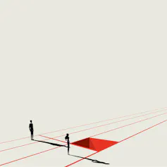 Illustration of two people standing at a starting line. One lane is clear while the other has a pitfall.
