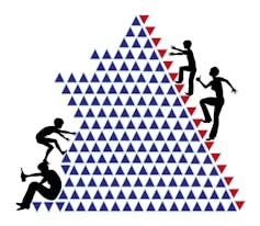 Illustration of a child climbing up one side of a pyramid in steady steps, helped by an adult. On the other side, another child climbs over a substance-using parent and struggles to find a route up the pyramid.