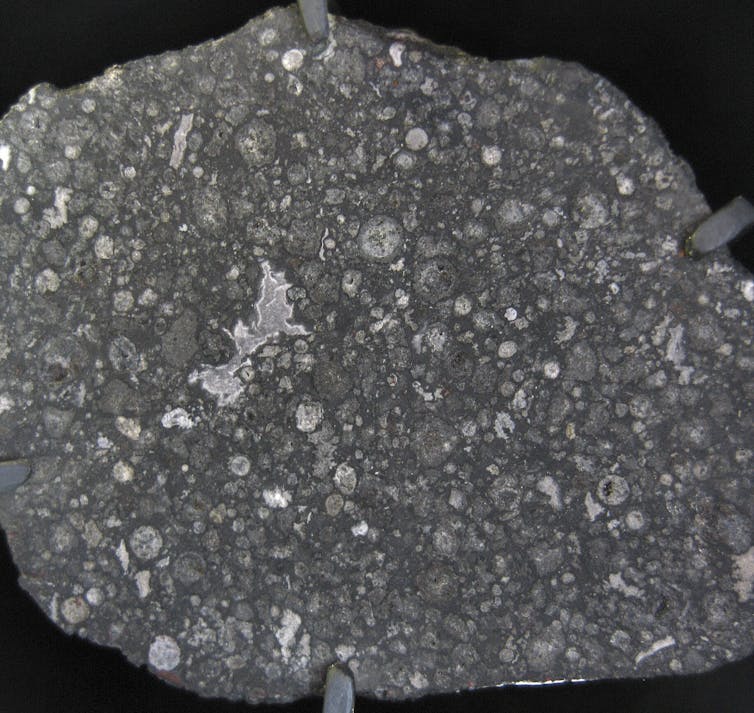  Most carbonaceous chondrites (like the Allende meteorite shown here) contain characteristic round grains called chondrules. Shiny Things / Wikimedia