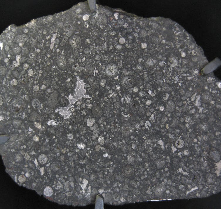 Most carbonaceous chondrites (like the Allende meteorite shown here) contain characteristic round grains called chondrules. Shiny Things / Wikimedia