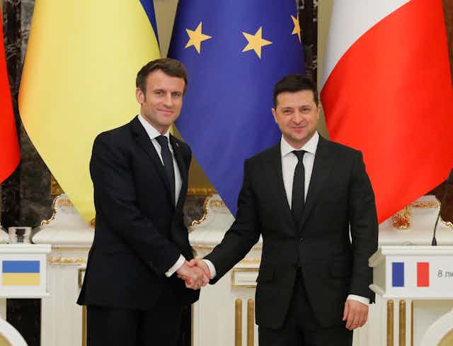 Edging closer to an agreement? French president Emmanuel Macron and Ukraine president Volodomyr Zelensky meeting in Kyiv.