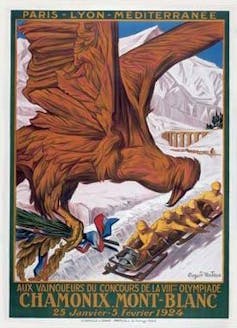 A painted poster depicting a bird carrying the French flag over a sled team on a snowy mountain.