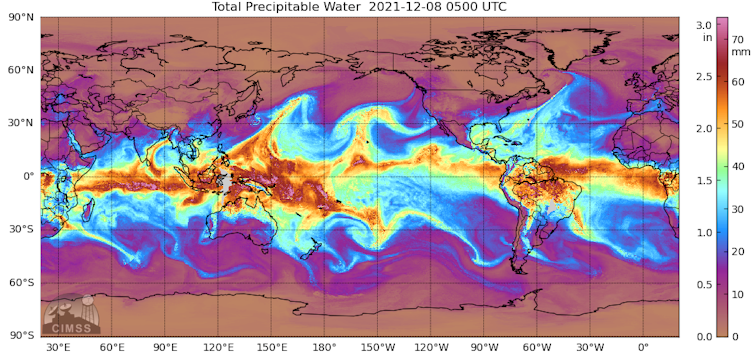 Map of the world with water vapour shown