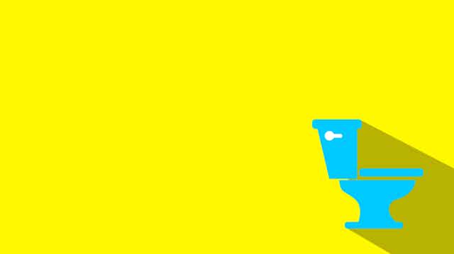 A yellow background with a blue toilet in the right-hand corner