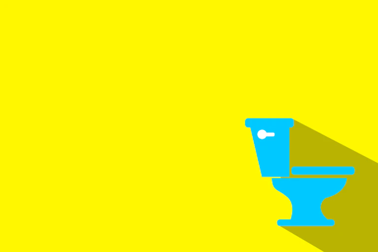 A yellow background with a blue toilet in the right-hand corner