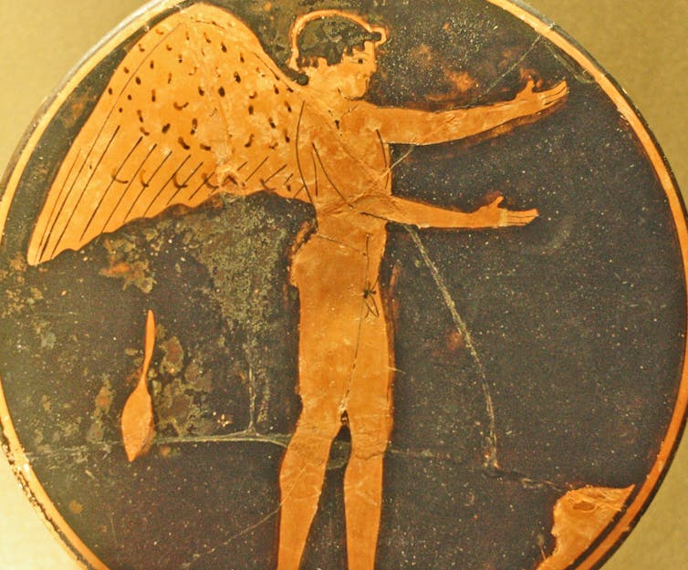 Ilustrasi dewa Eros yang memperlihatkan seorang anak laki-laki bersayap dengan latar belakang hitam.