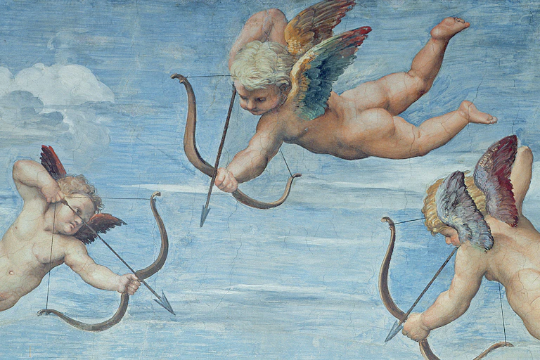 An illustration showing three flying figures of Cupid taking aim with their bows and arrows.