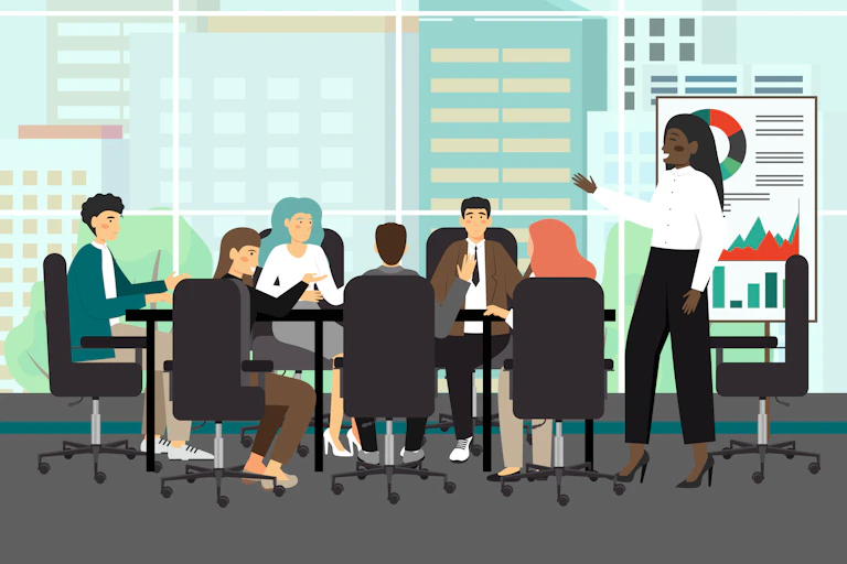 An illustration showing a Black woman next to some pie charts on a board standing next to people seated at long table, with a city skyline in the background