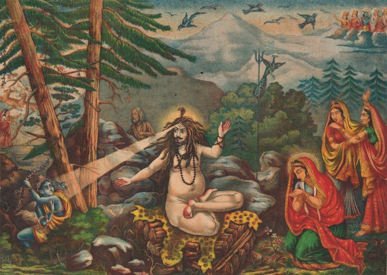 A painting shows the Hindu deity Shiva turning the love god Kamadeva to ashes as women look on.