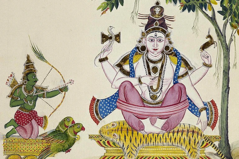 An illustration shows a small green figure aim a bow and arrow at a larger seated man.