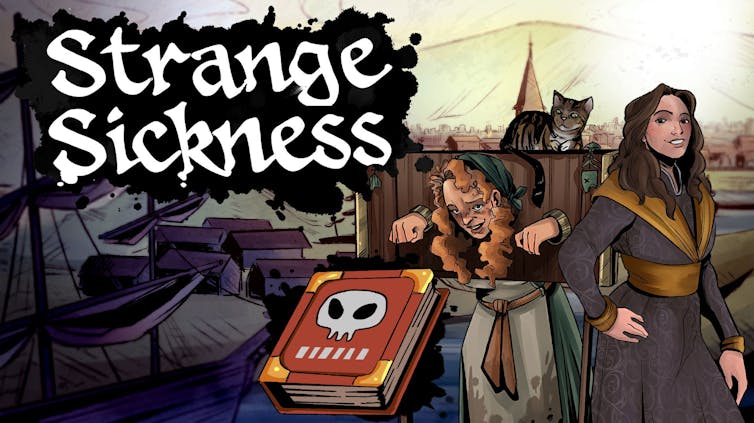 A shot from a video game called Strange Sickness showing a two women, one in stocks and the medieval town of Aberdeen in the background.