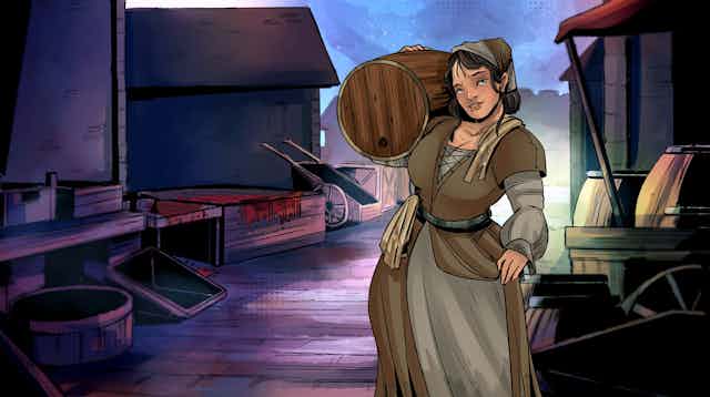 A scene from a video game about Aberdeen in the middle ages showing a woman carrying a barrel through a market.