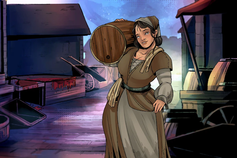 A scene from a video game about Aberdeen in the middle ages showing a woman carrying a barrel through a market.