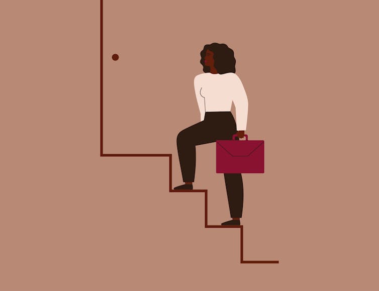 woman with briefcase scales stairs.
