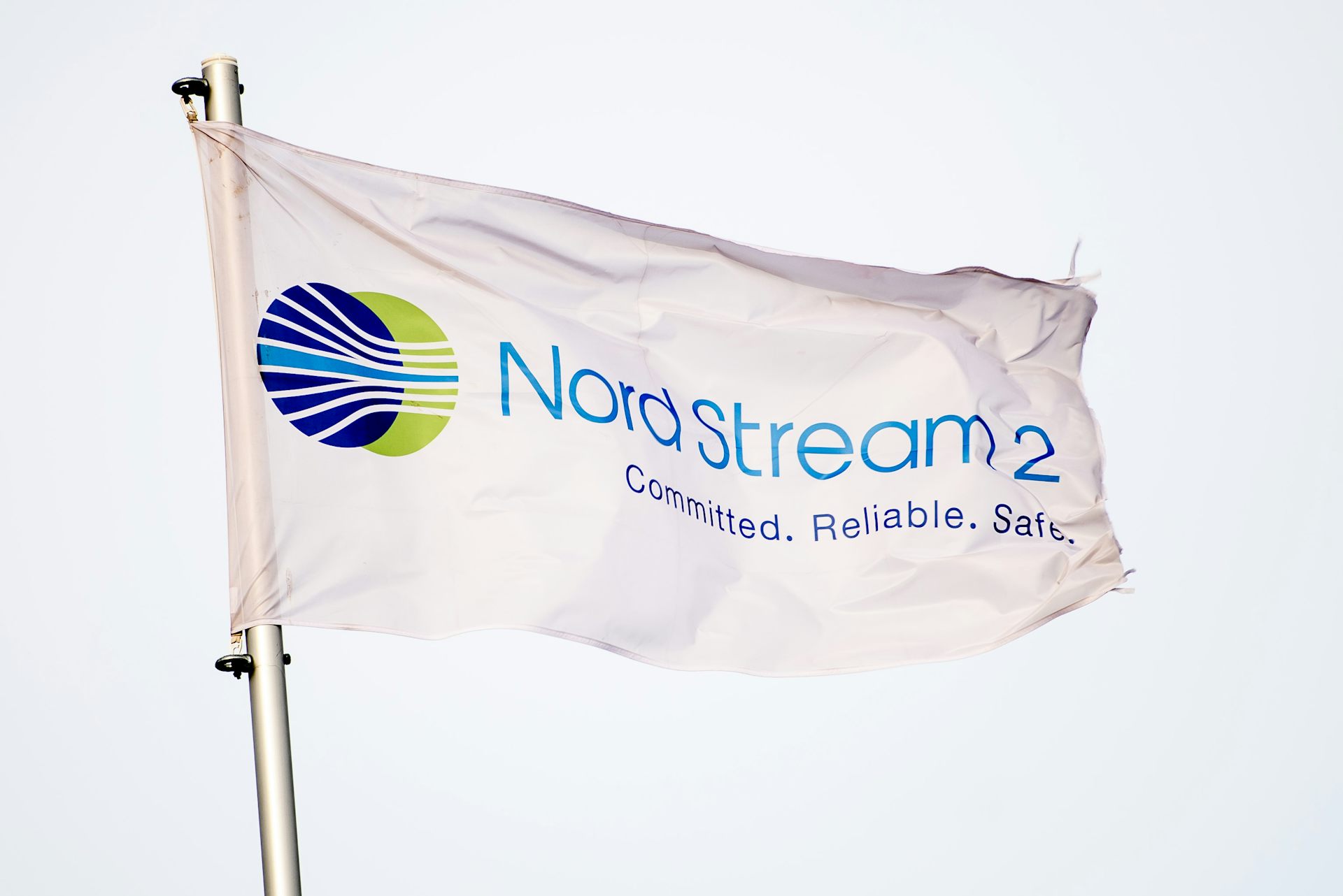 A flag bearing Nord Stream 2 logo.