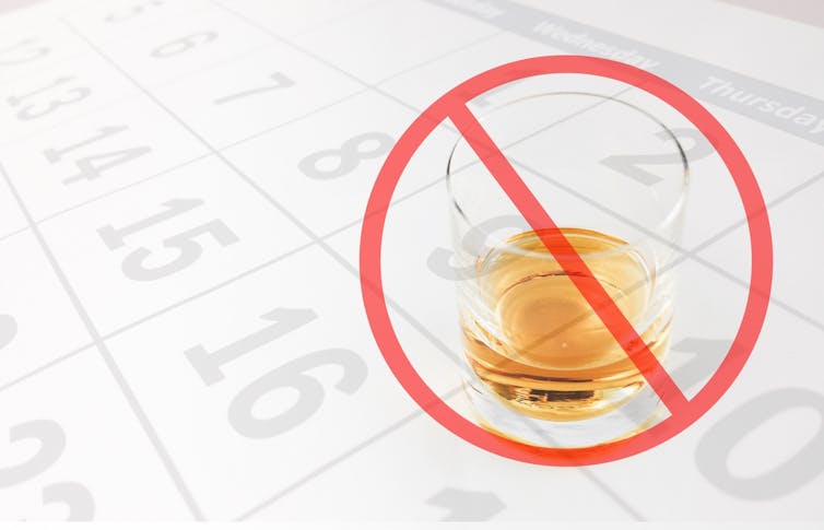 Glass of whisky in a circle with a line through it with a calendar in the background