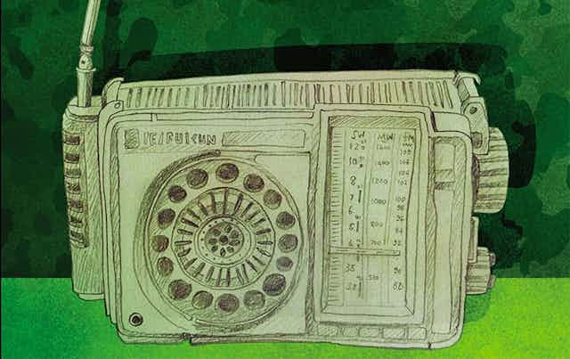 A crudely drawn illustration of an old-fashioned portable radio, in green, anad against a backdrop of green grass and green camouflage fabric.