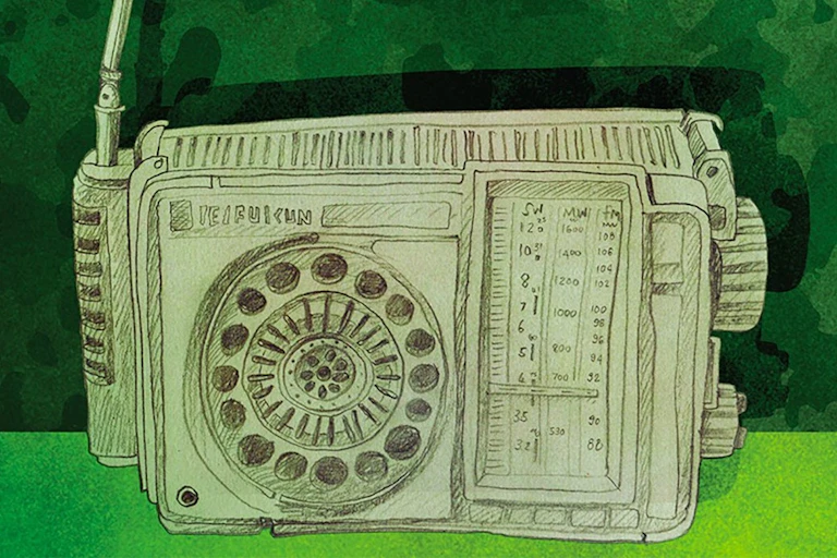 A crudely drawn illustration of an old-fashioned portable radio, in green, anad against a backdrop of green grass and green camouflage fabric.
